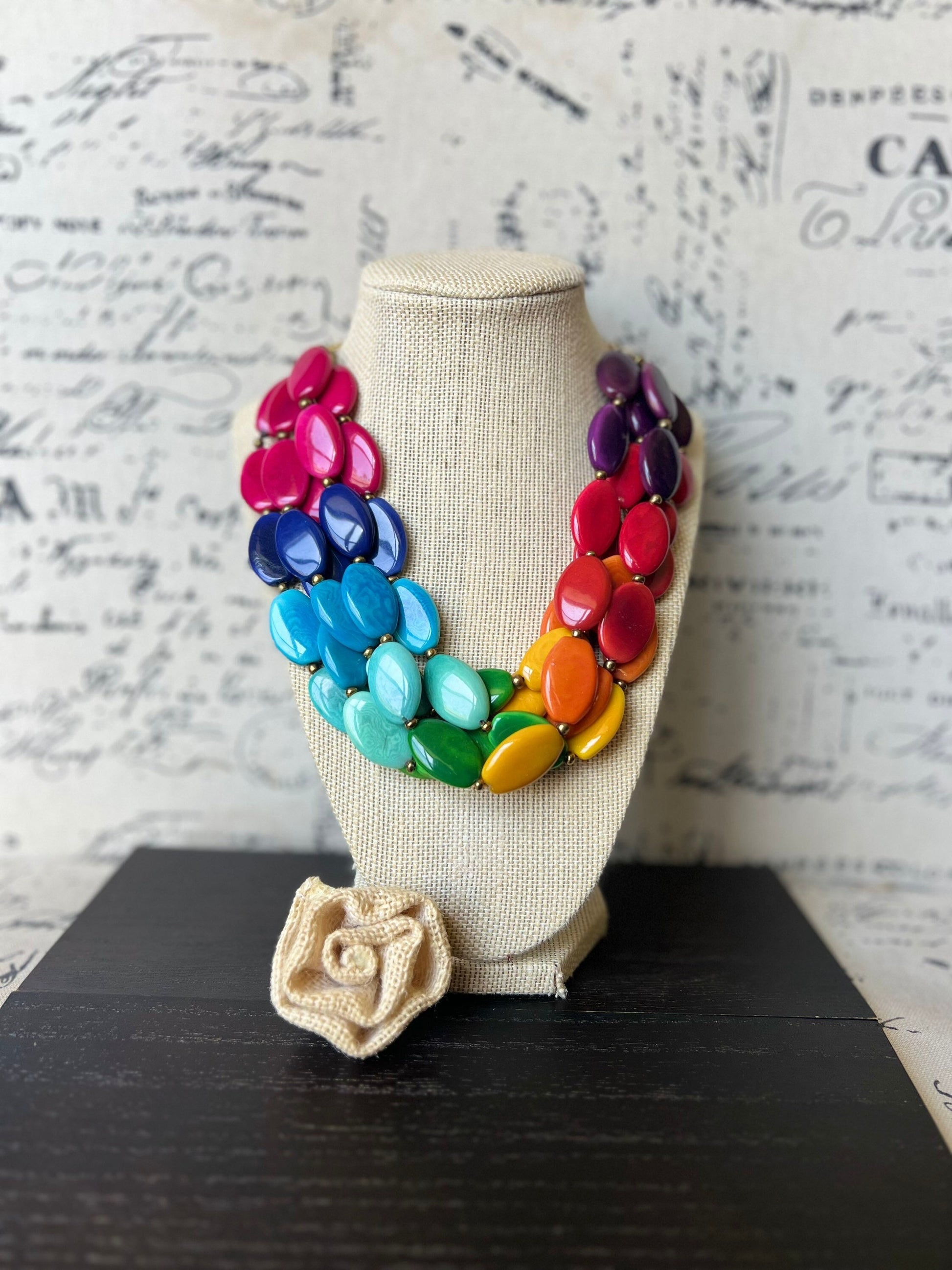 Rainbow fashion multi strand necklace Big Bold Chunky necklace Tagua nut necklace Fall fashion Lightweight with gold chain Art to wear