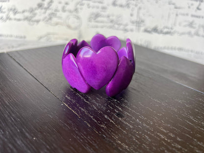 Purple heart shaped bracelet Tagua jewelry Love bangle Wearable art Elastic statement cuff