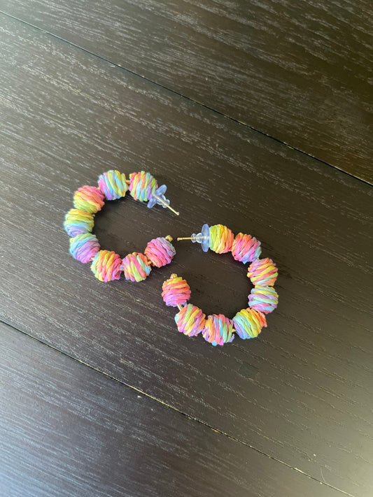 Rainbow hoop earrings Statement rafia earrings Fall fashion 2025s Wearable art Fall fashion Art to wear Big bold hoops Statement earrings