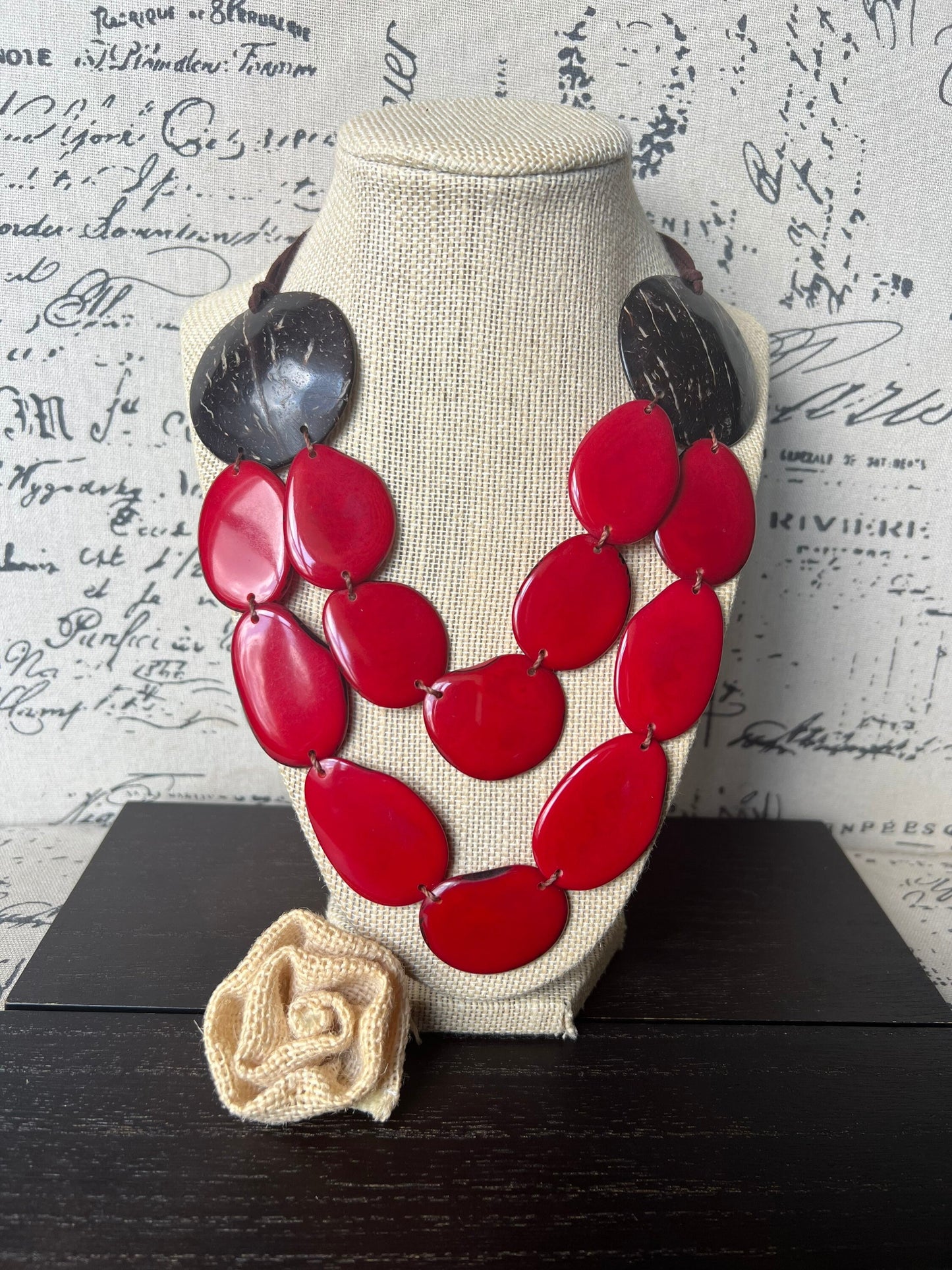 Red statement necklace Tagua jewelry with coconut shell accent Big bold chunky necklace Xmas fashion trends Double layer bib Lightweight