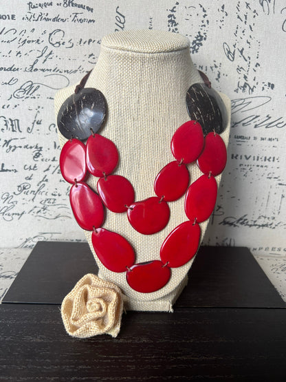 Red statement necklace Tagua jewelry with coconut shell accent Big bold chunky necklace Xmas fashion trends Double layer bib Lightweight