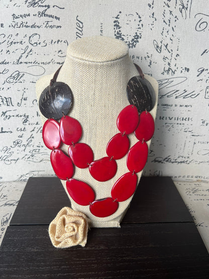 Red multi strand beaded necklace Tagua jewelry Coconut bead necklace Adjustable cord Big bold necklace Multi layer Wearable art Cruise wear