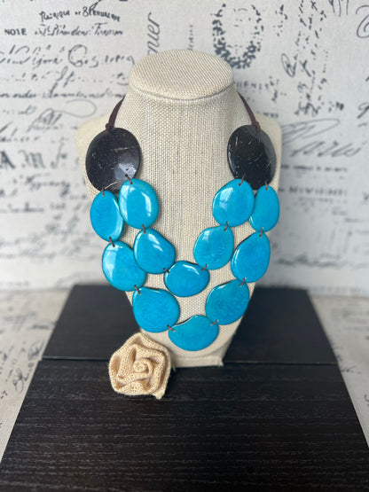 Turquoise blue statement necklace Tagua jewelry with coconut shell accent Big bold chunky necklace Beach fashion Double layer Lightweight