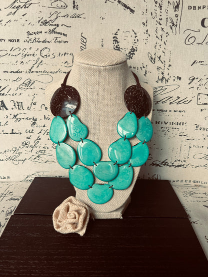 Turquoise green statement necklace Tagua & coco jewelry Big bold necklace Fall fashion Mothers day gifts Wearable art Multi layer necklace
