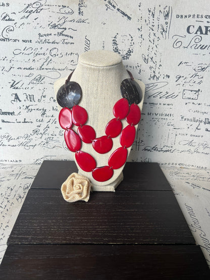 Red multi strand beaded necklace Tagua jewelry Coconut bead necklace Adjustable cord Big bold necklace Multi layer Wearable art Cruise wear