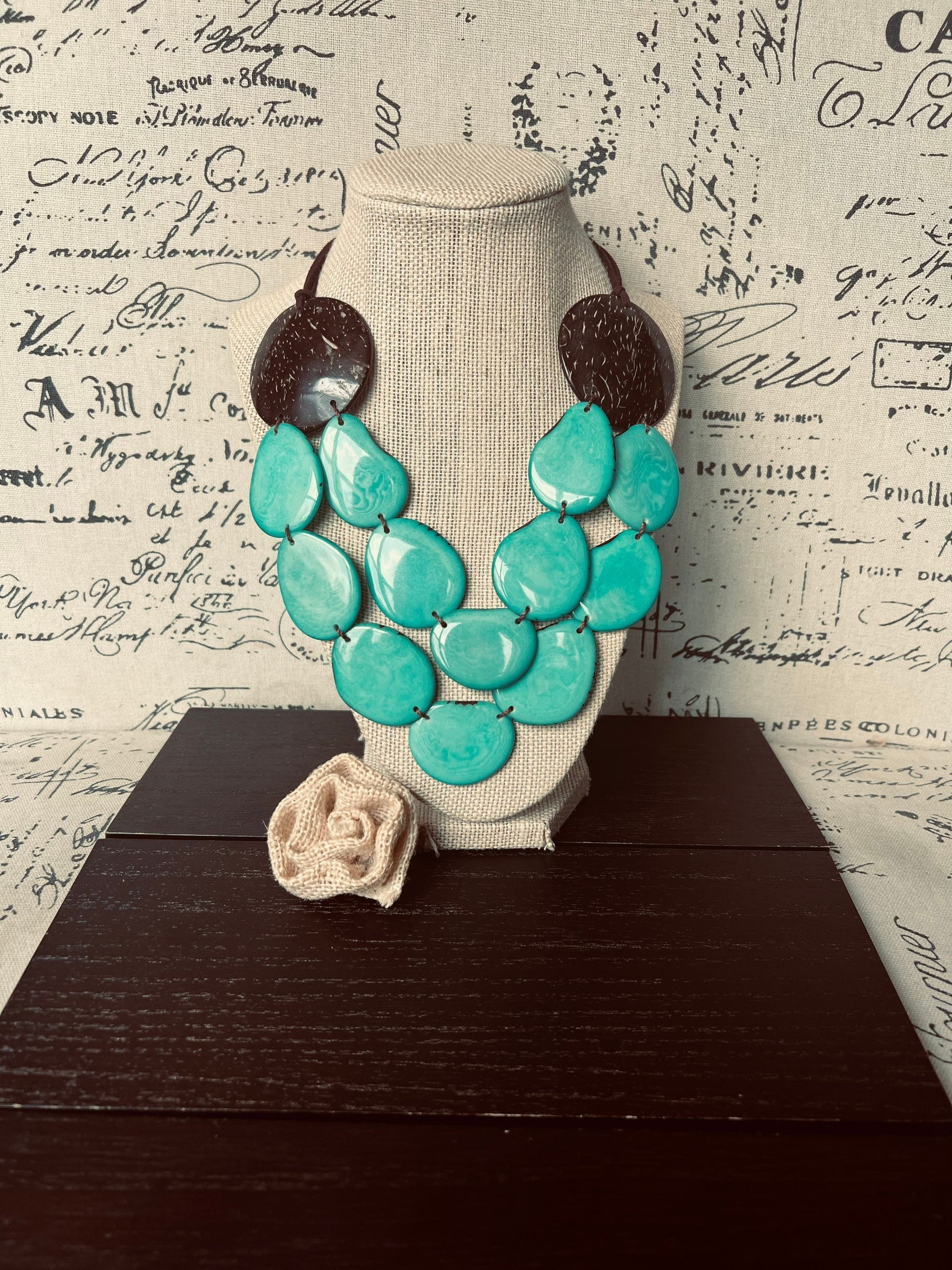 Turquoise green statement necklace Tagua & coco jewelry Big bold necklace Fall fashion Mothers day gifts Wearable art Multi layer necklace