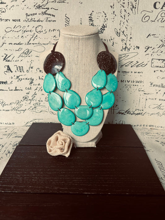 Turquoise green Tagua Nut and coconut shell Statement Necklace, Adjustable cord, Multi layer bib, Art to wear,