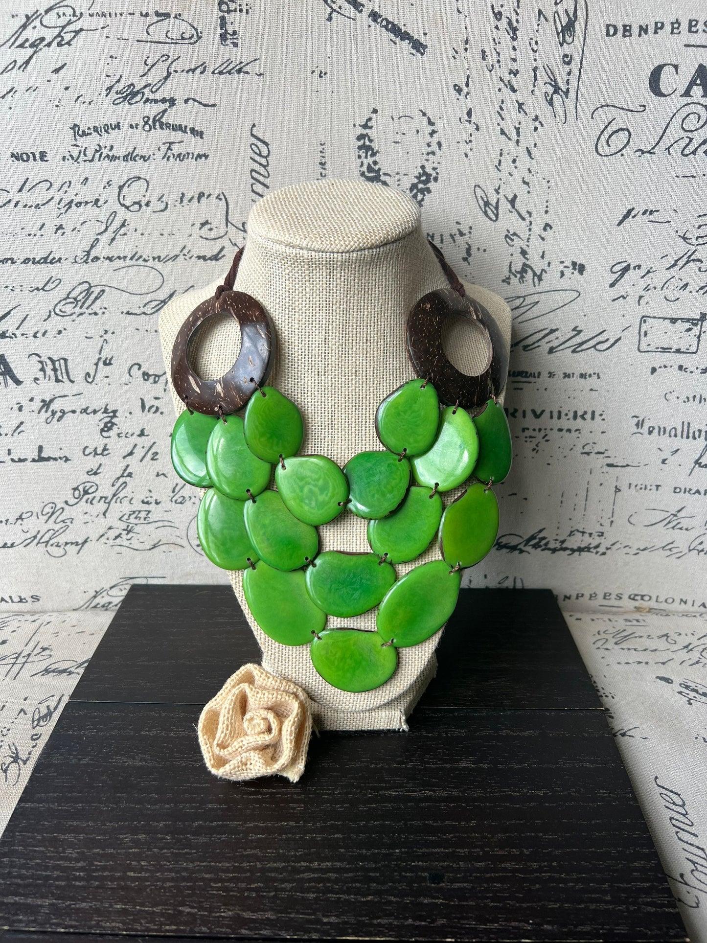 Green statement necklace with coconut shell accents Tagua jewelry Fall fashion 2025s Wearable art Multi layer necklace Adjustable cord