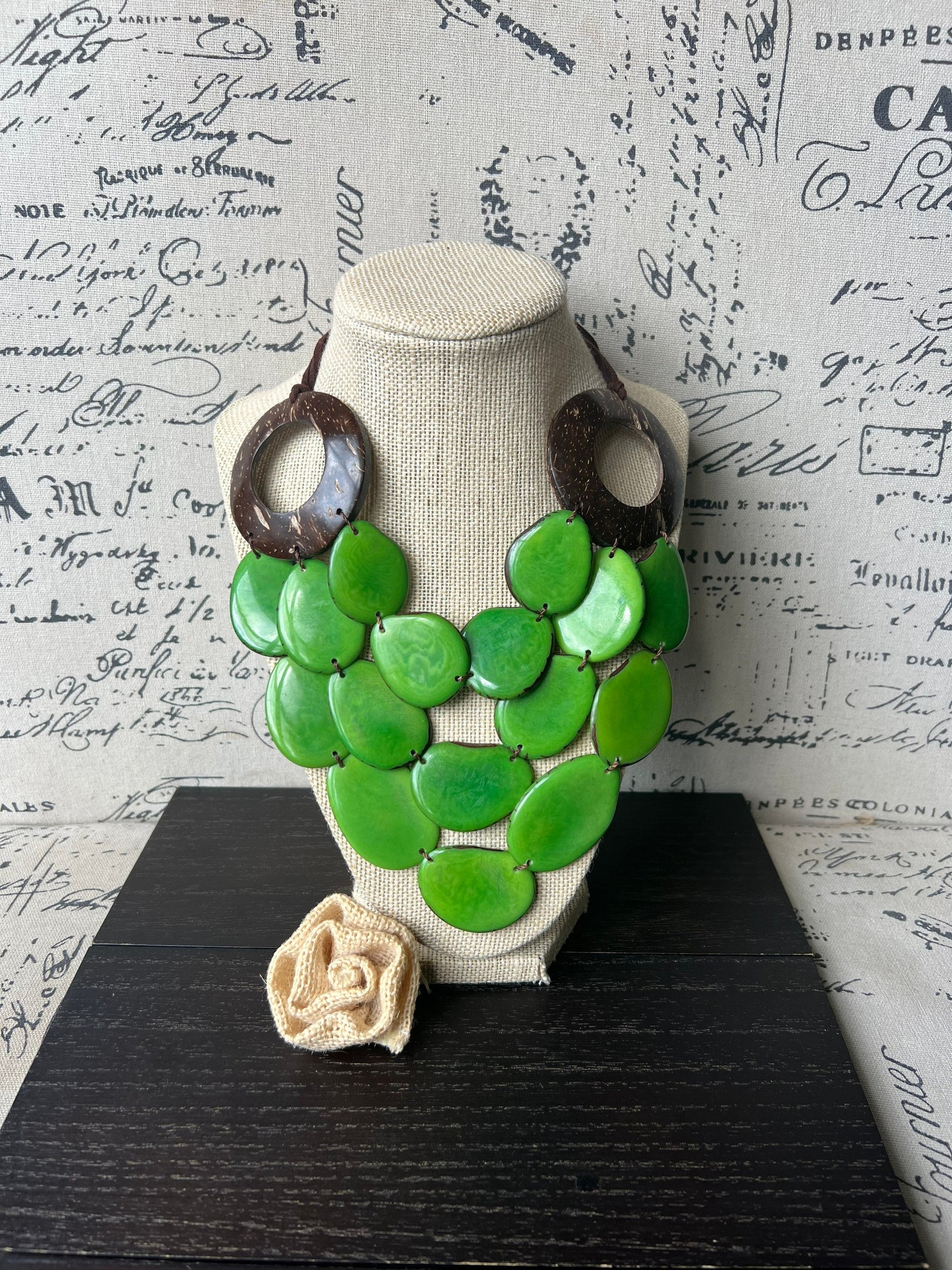 Green statement necklace with coconut shell accents Tagua jewelry Fall fashion 2025s Wearable art Multi layer necklace Adjustable cord