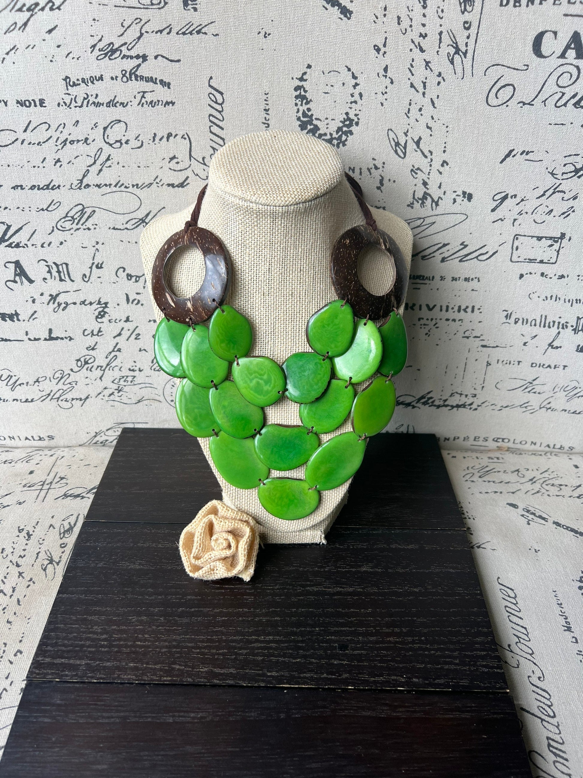 Green statement necklace with coconut shell accents Tagua jewelry Fall fashion 2025s Wearable art Multi layer necklace Adjustable cord
