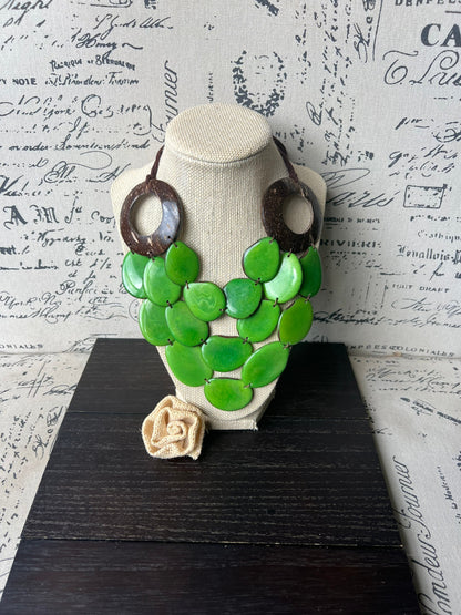 Green statement necklace with coconut shell accents Tagua jewelry Fall fashion 2025s Wearable art Multi layer necklace Adjustable cord