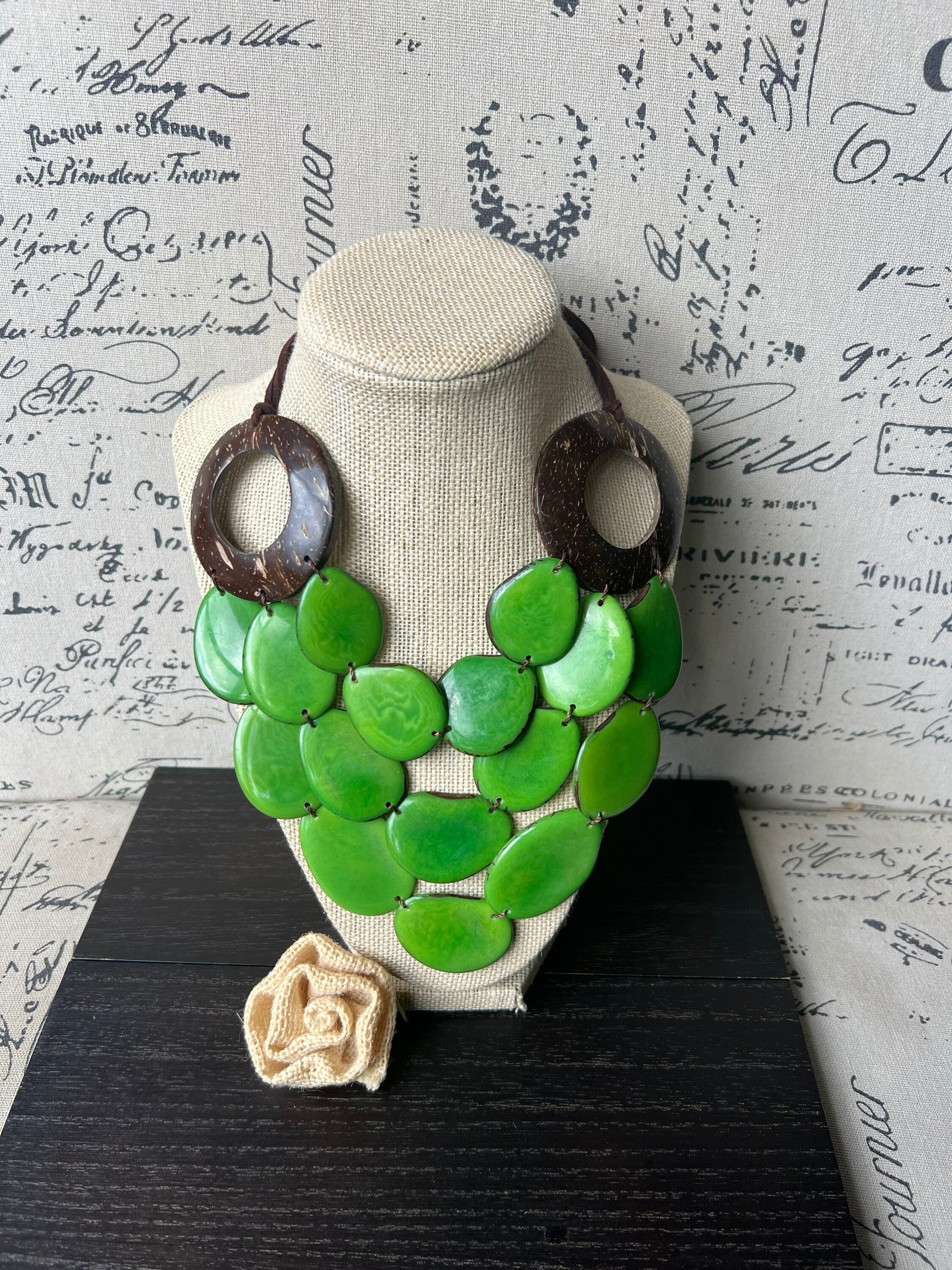 Green statement necklace with coconut shell accents Tagua jewelry Fall fashion 2025s Wearable art Multi layer necklace Adjustable cord