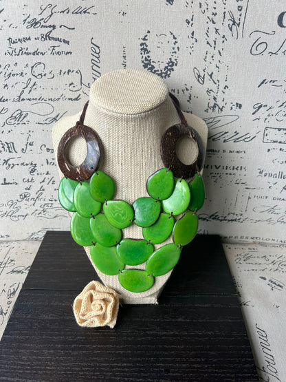 Green statement necklace with coconut shell accents Tagua jewelry Fall fashion 2025s Wearable art Multi layer necklace Adjustable cord