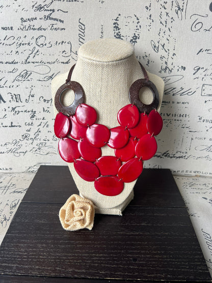 Red Tagua necklace with coconut shell accent Statement necklace Layered beaded bib with leather strap Big bold chunky necklace Gift for wife