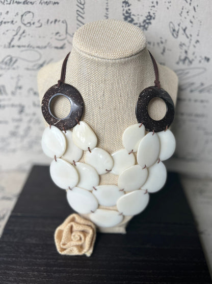 Ivory White statement necklace with coconut shell accent Adjustable cord 14 year wedding anniversary gift for wife Wearable art Fall trend