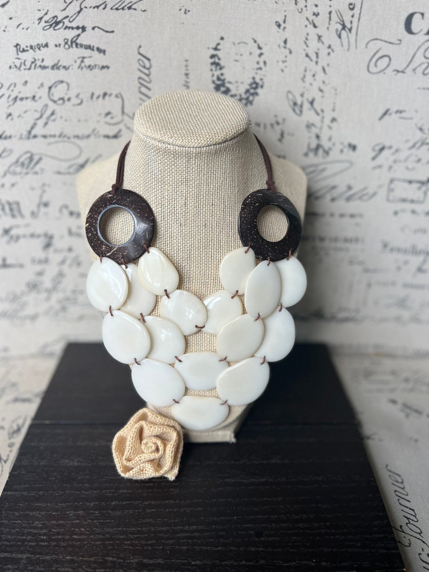 Ivory White statement necklace with coconut shell accent Adjustable cord 14 year wedding anniversary gift for wife Wearable art Fall trend