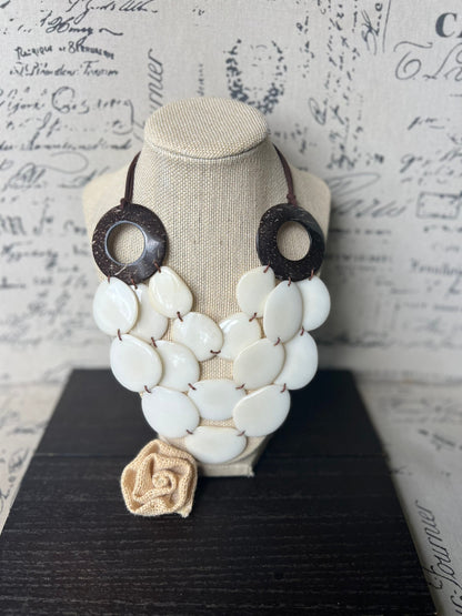 Ivory White statement necklace with coconut shell accent Adjustable cord 14 year wedding anniversary gift for wife Wearable art Fall trend