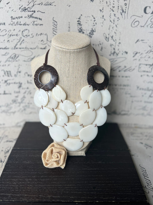 Ivory White statement necklace with coconut shell accent Adjustable cord 14 year wedding anniversary gift for wife Wearable art Fall trend
