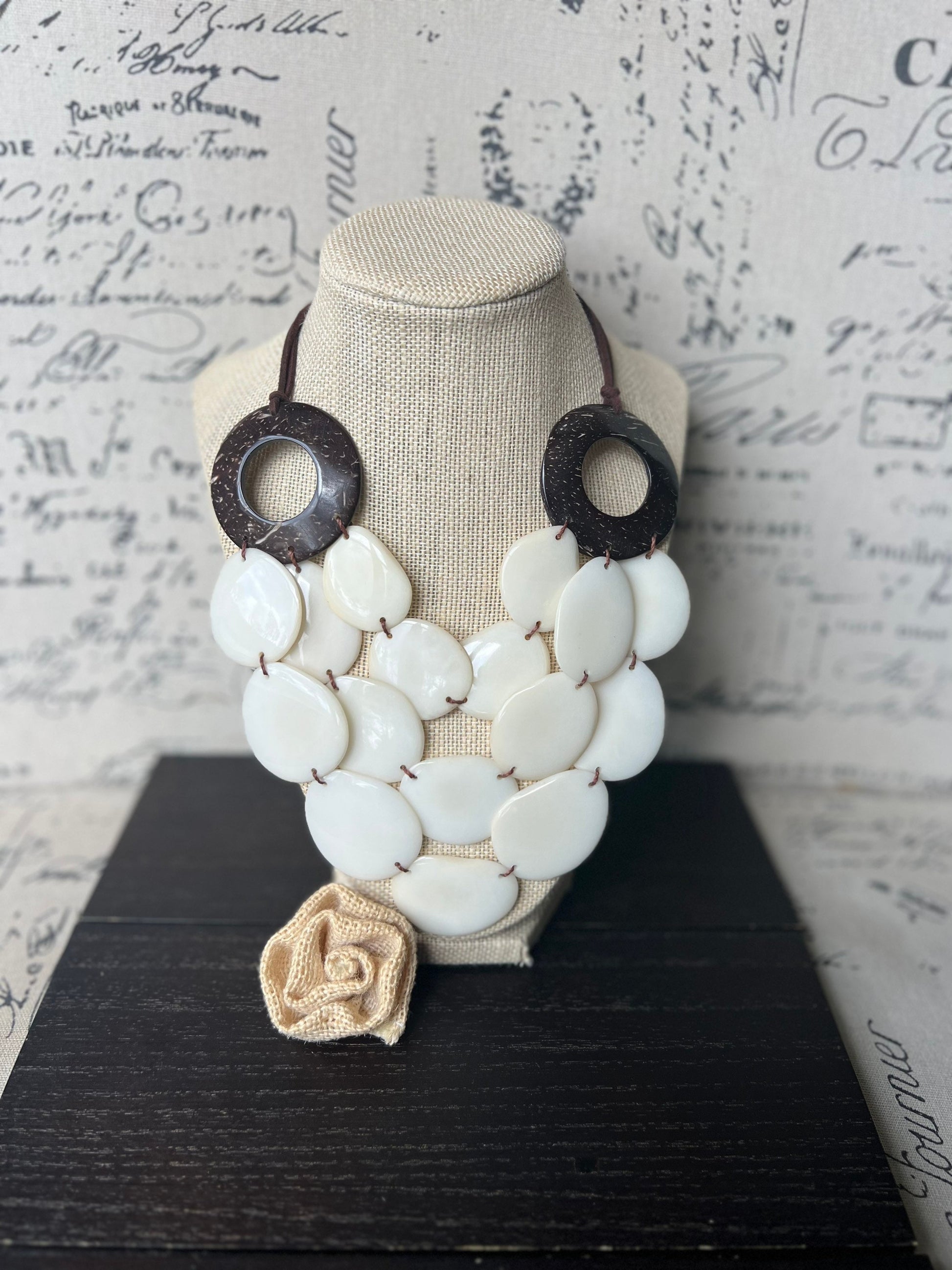 Ivory White statement necklace with coconut shell accent Adjustable cord 14 year wedding anniversary gift for wife Wearable art Fall trend