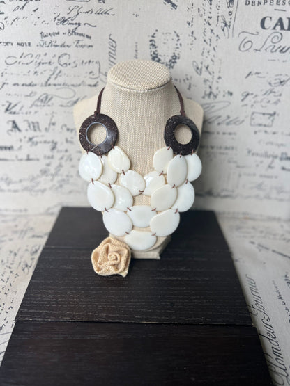 Ivory White statement necklace with coconut shell accent Adjustable cord 14 year wedding anniversary gift for wife Wearable art Fall trend
