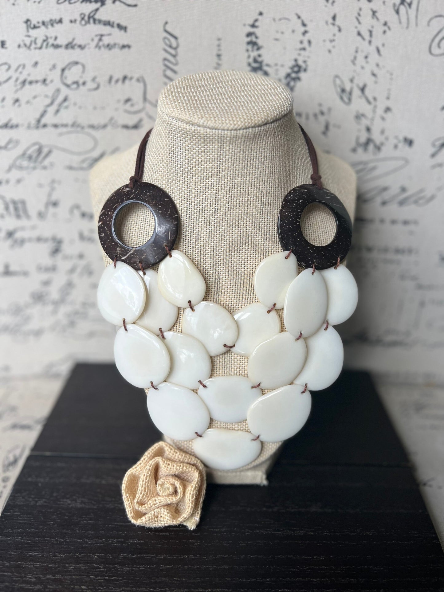 Ivory White statement necklace with coconut shell accent Adjustable cord 14 year wedding anniversary gift for wife Wearable art Fall trend