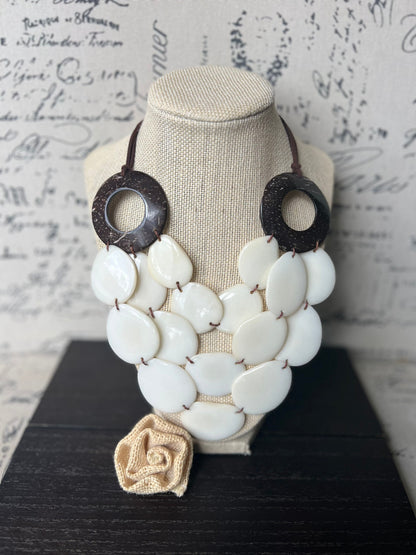 Ivory White statement necklace with coconut shell accent Adjustable cord 14 year wedding anniversary gift for wife Wearable art Fall trend