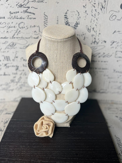 Ivory White statement necklace with coconut shell accent Adjustable cord 14 year wedding anniversary gift for wife Wearable art Fall trend