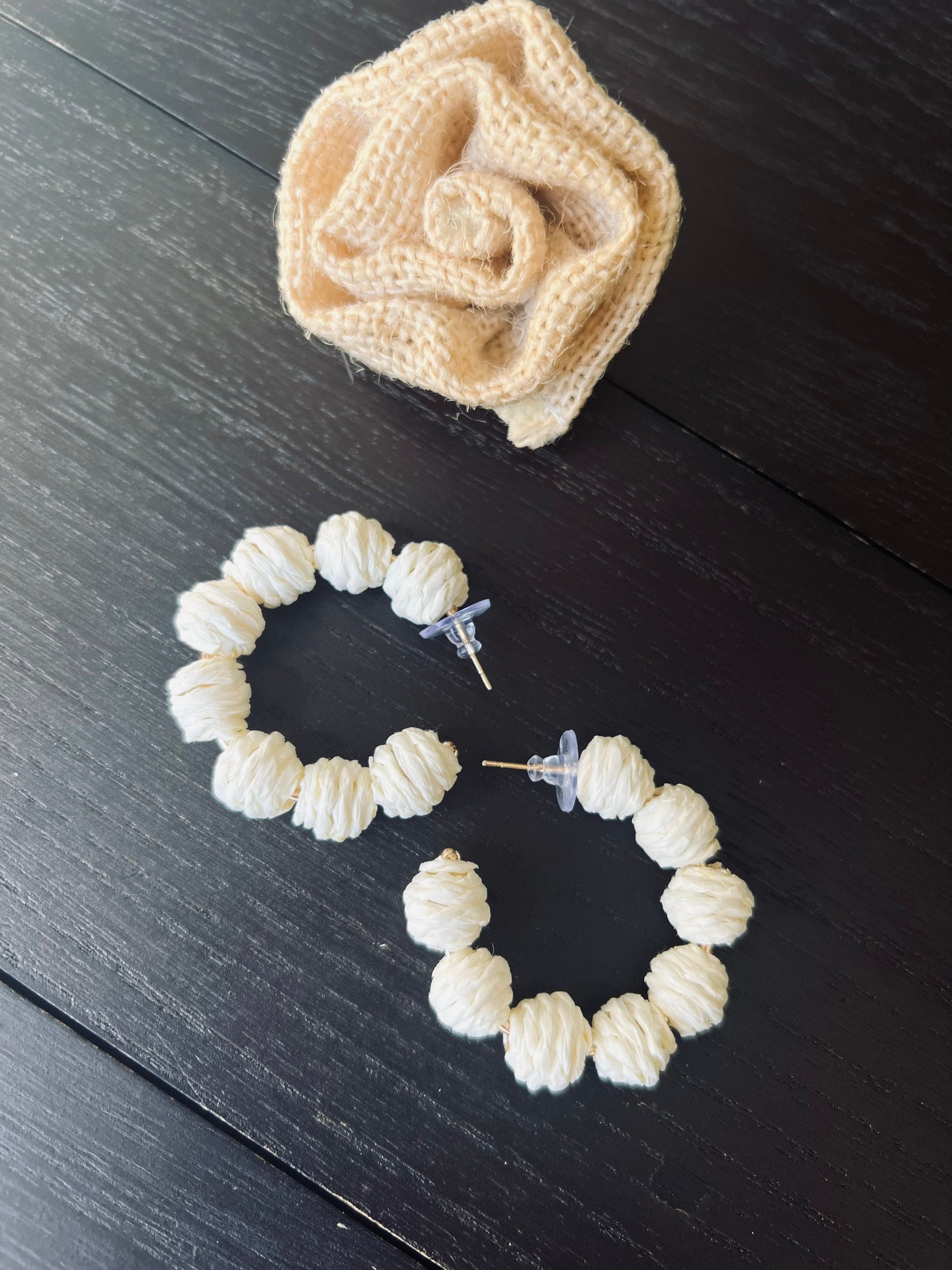 Ivory white hoop earrings Statement rafia earrings Artsy gifts Fall trend 4 year wedding anniversary gifts for wife Wearable art