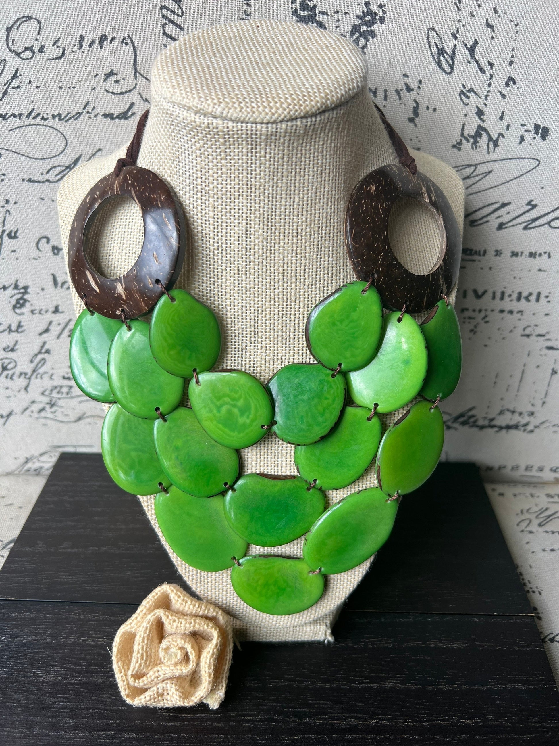 Green statement necklace with coconut shell accents Tagua jewelry Fall fashion 2025s Wearable art Multi layer necklace Adjustable cord