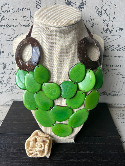 Green statement necklace with coconut shell accents Tagua jewelry Fall fashion 2025s Wearable art Multi layer necklace Adjustable cord
