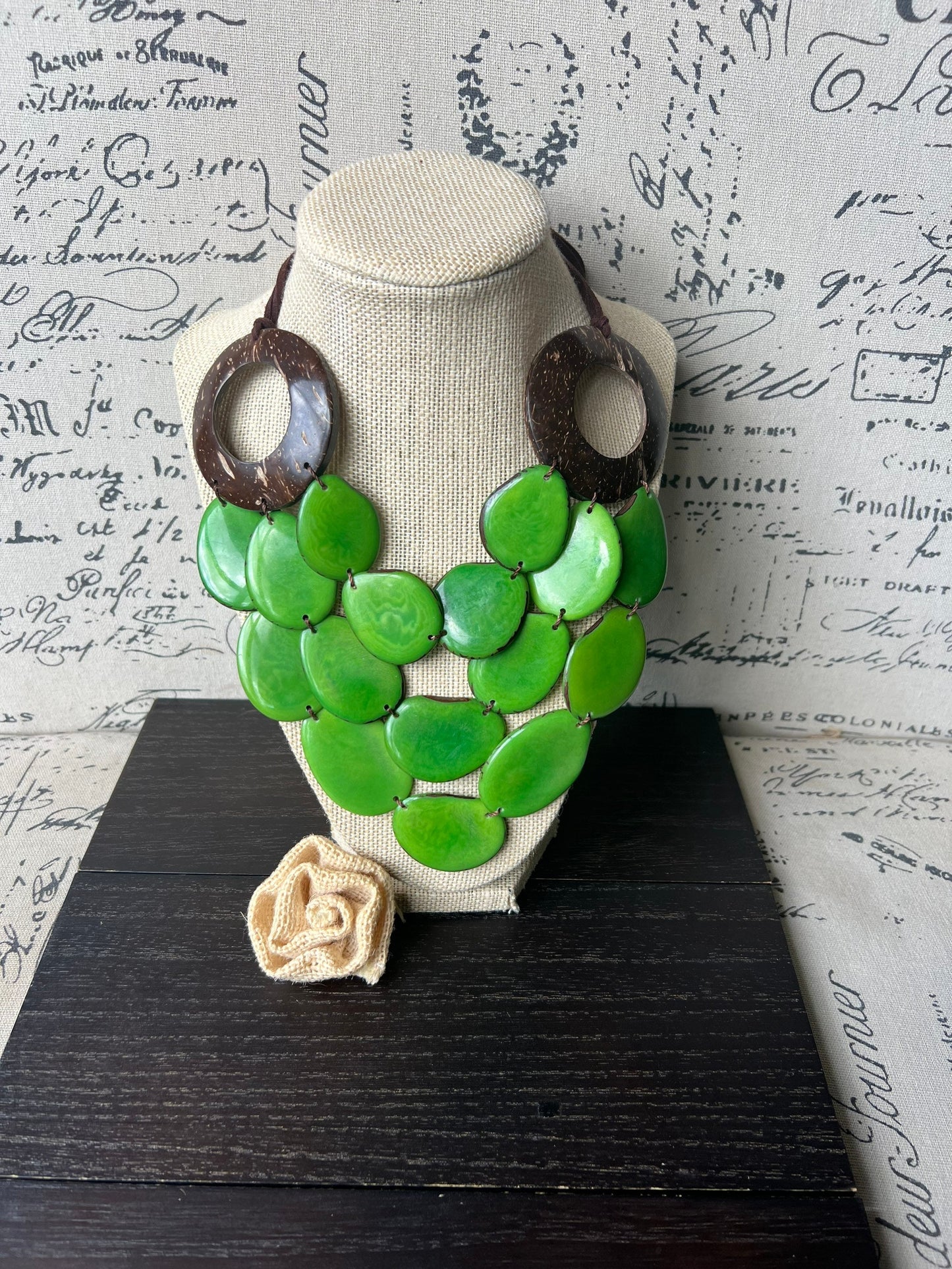 Green statement necklace with coconut shell accents Tagua jewelry Fall fashion 2025s Wearable art Multi layer necklace Adjustable cord