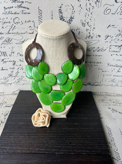 Green statement necklace with coconut shell accents Tagua jewelry Fall fashion 2025s Wearable art Multi layer necklace Adjustable cord