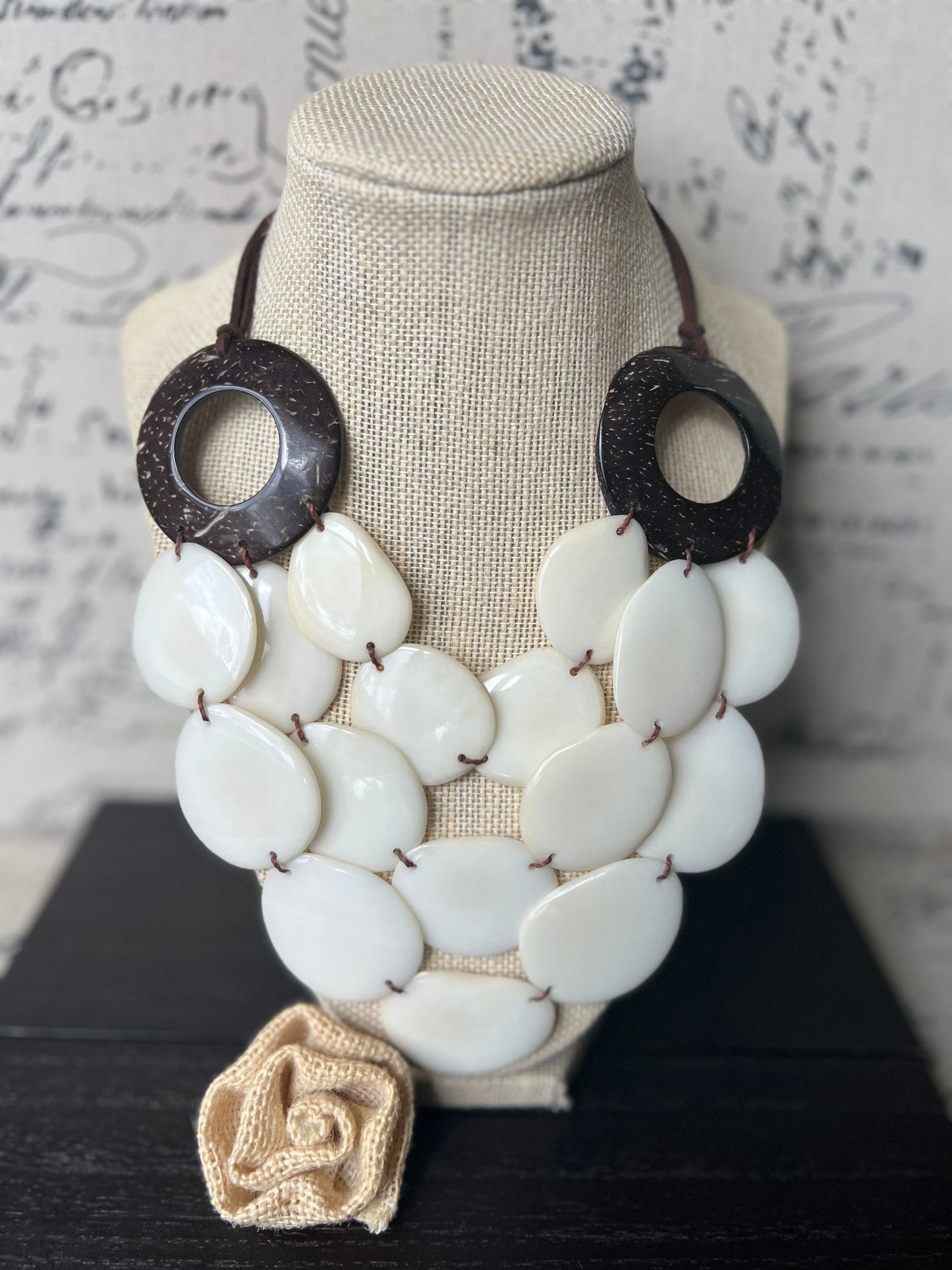 Ivory White statement necklace with coconut shell accent Adjustable cord 14 year wedding anniversary gift for wife Wearable art Fall trend