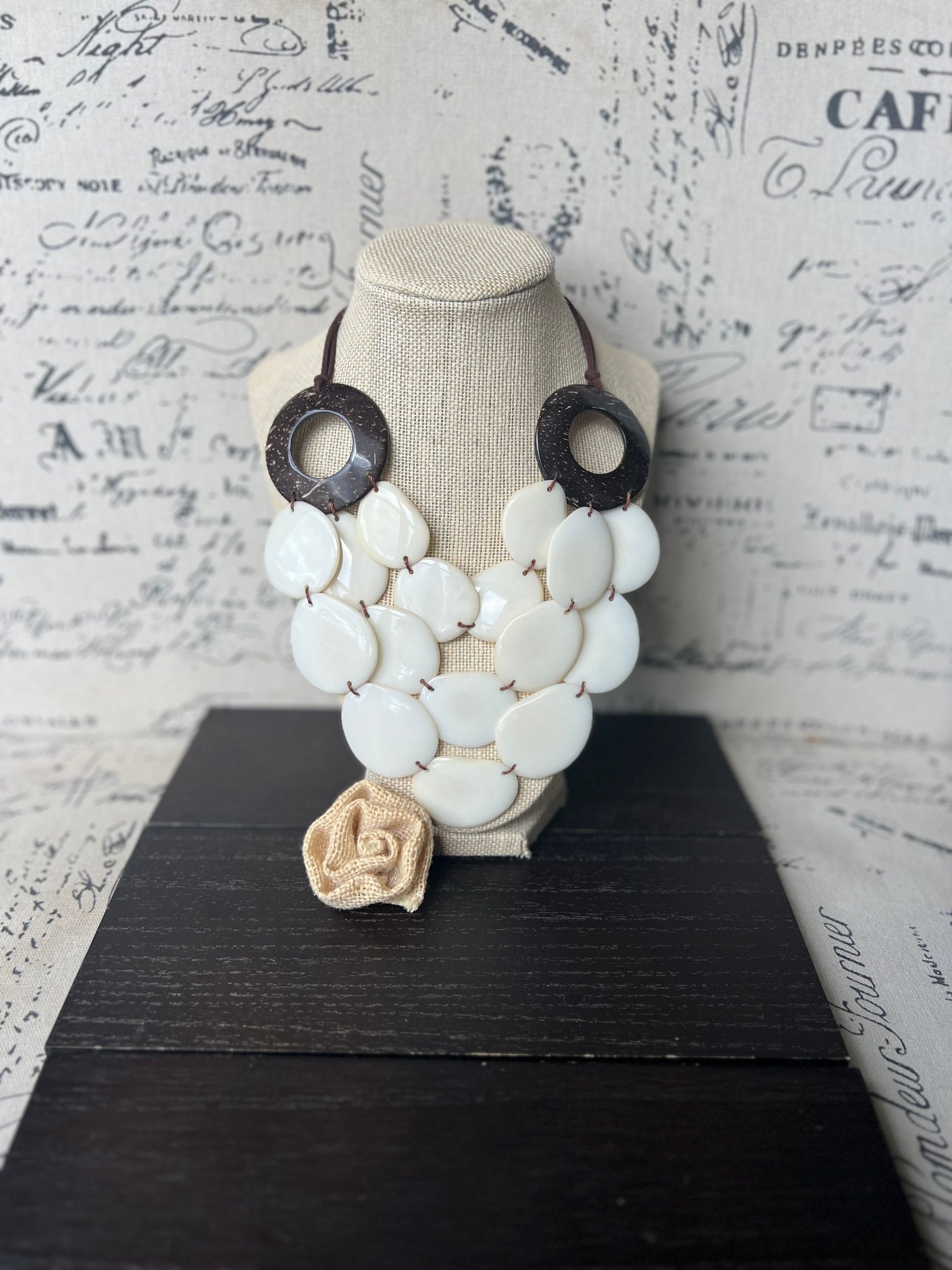 Ivory White statement necklace with coconut shell accent Adjustable cord 14 year wedding anniversary gift for wife Wearable art Fall trend