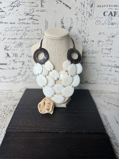 Ivory White statement necklace with coconut shell accent Adjustable cord 14 year wedding anniversary gift for wife Wearable art Fall trend