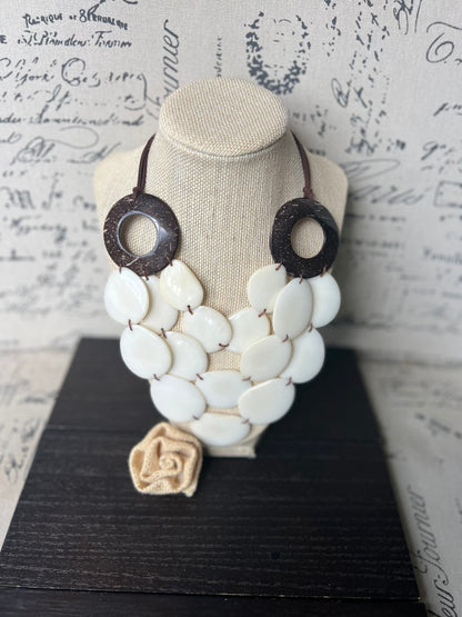 Ivory White statement necklace with coconut shell accent Adjustable cord 14 year wedding anniversary gift for wife Wearable art Fall trend