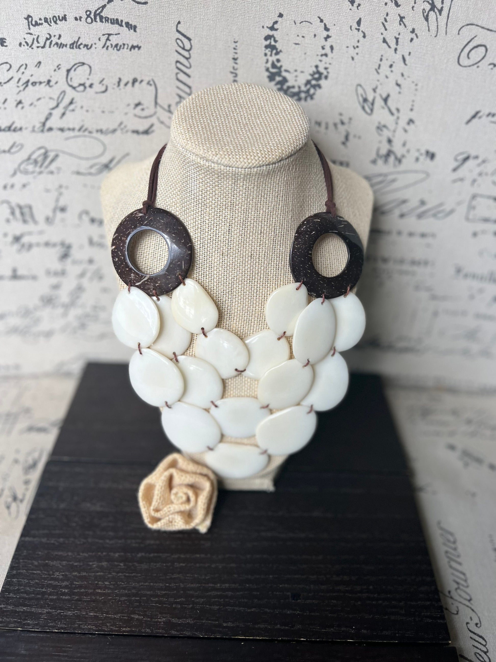 Ivory White statement necklace with coconut shell accent Adjustable cord 14 year wedding anniversary gift for wife Wearable art Fall trend