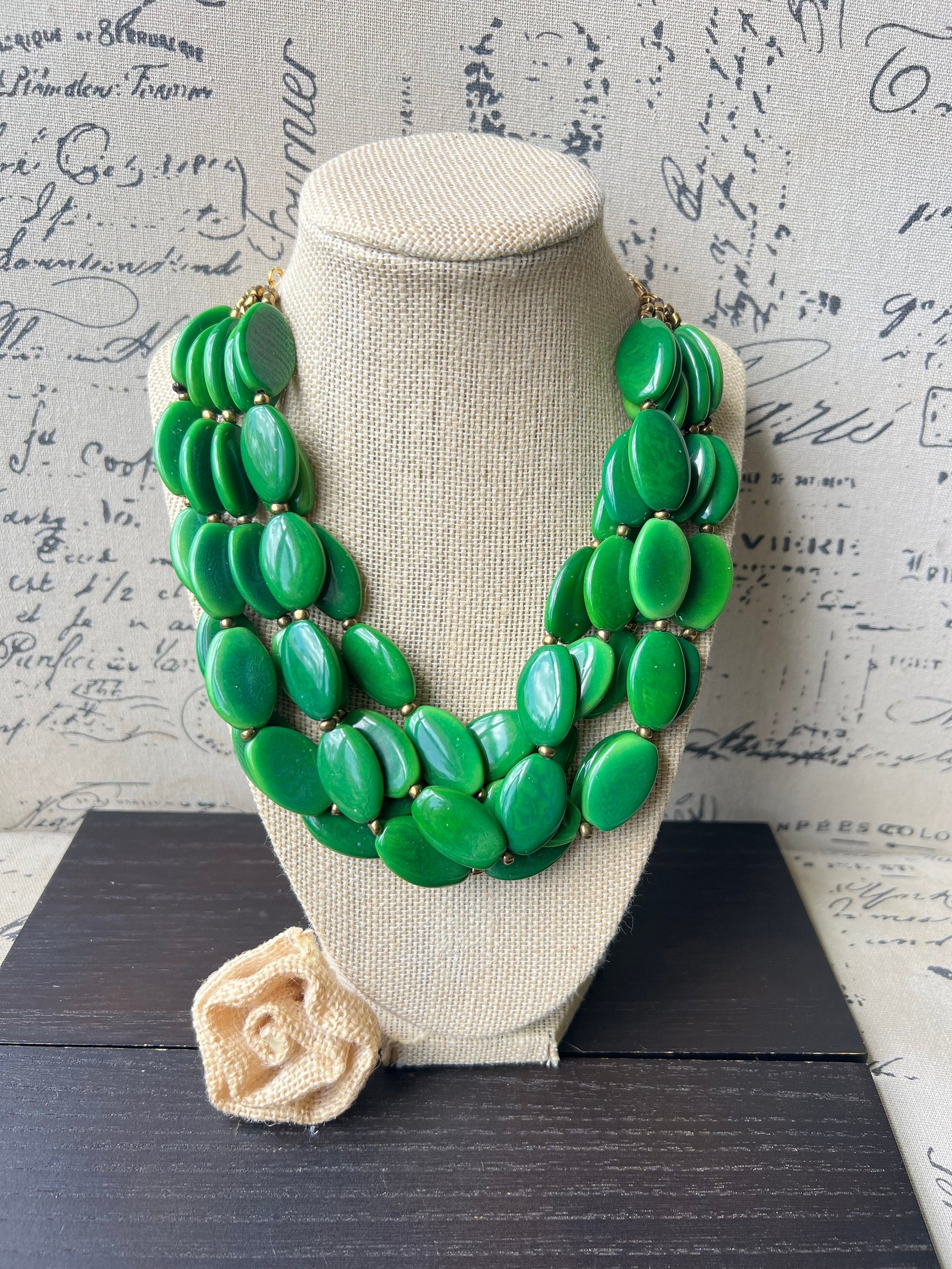 Green fashion necklace Statement beaded necklace for women Tagua nut necklace Wearable art Fall fashion trends Multi strand bib necklace