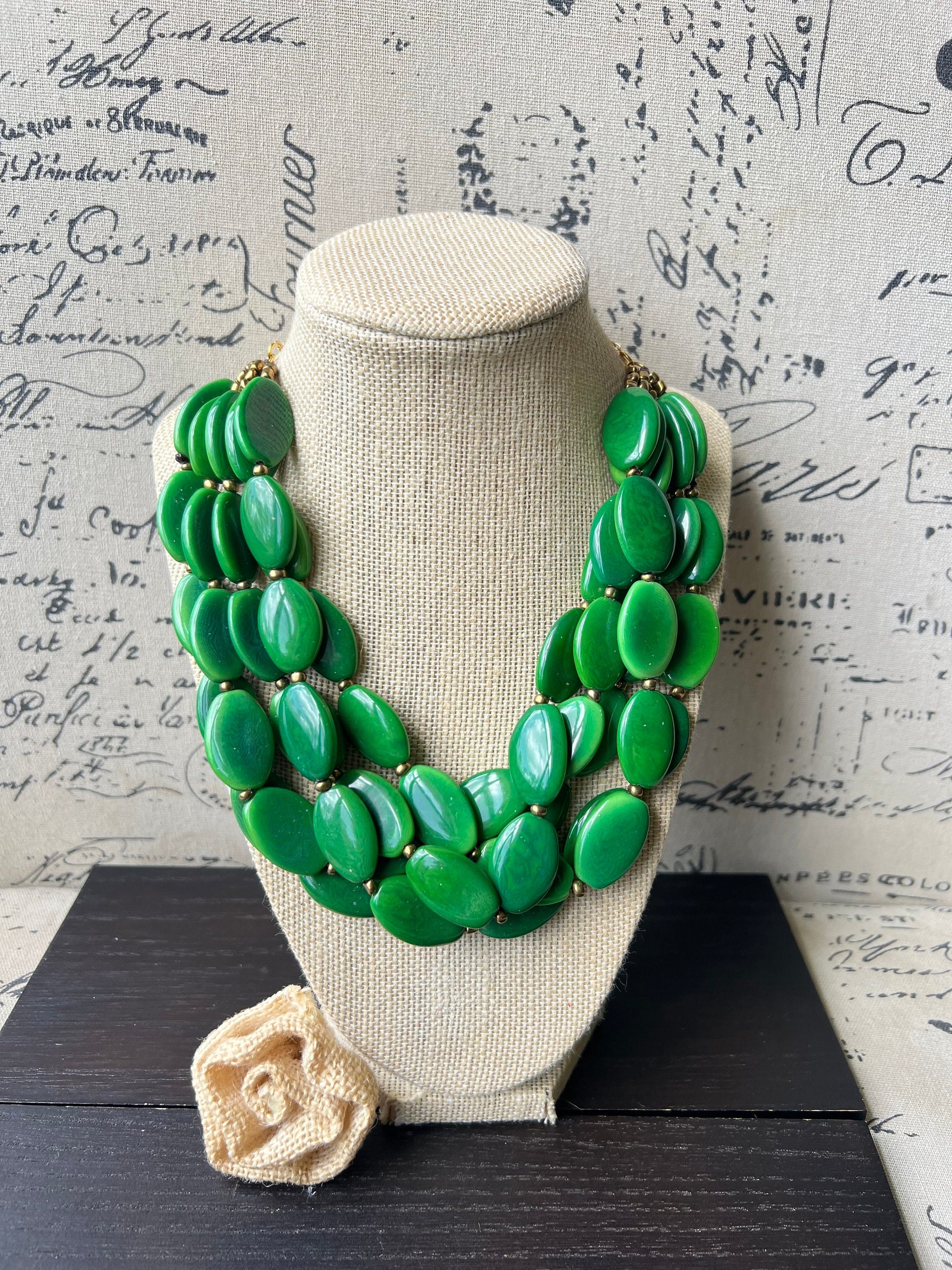 Green fashion necklace Statement beaded necklace for women Tagua nut necklace Wearable art Fall fashion trends Multi strand bib necklace