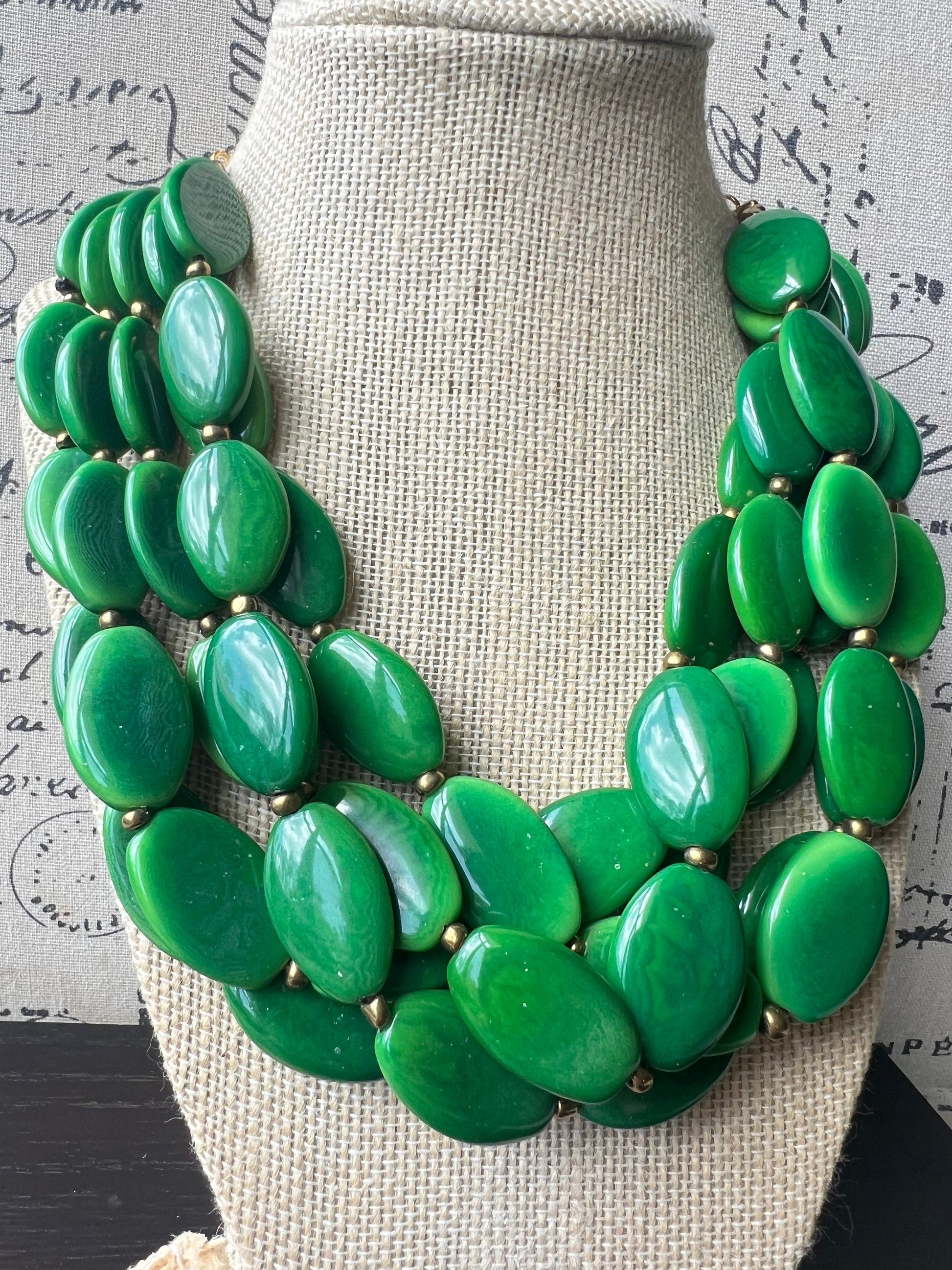Green fashion necklace Statement beaded necklace for women Tagua nut necklace Wearable art Fall fashion trends Multi strand bib necklace