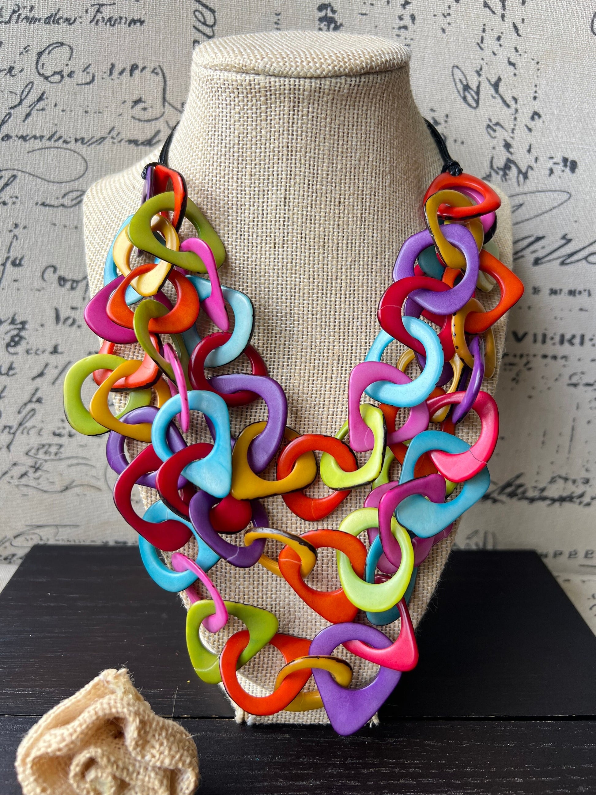 Rainbow statement necklace Tagua jewelry Adjustable cord Big bold necklaces Statement necklaces for women Wearable art Fall fashion