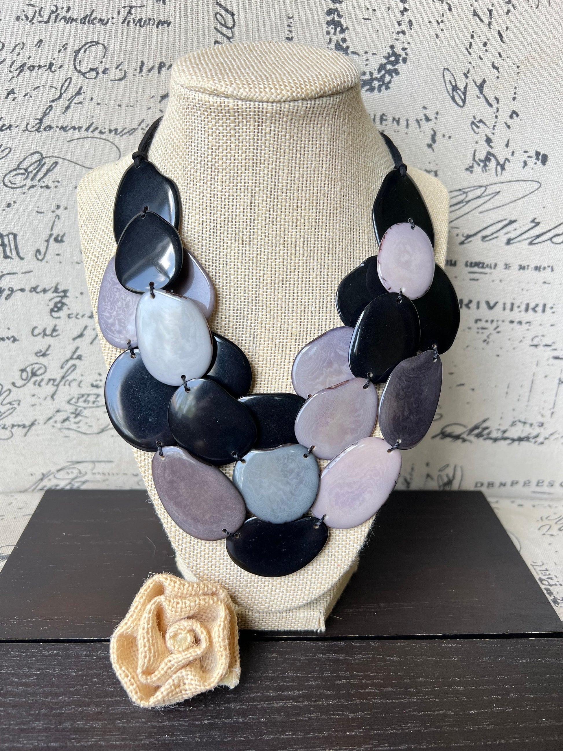 Black and gray Tagua necklace Statement necklace Layered beaded necklace with leather strap Big bold chunky necklace Multi strand bib