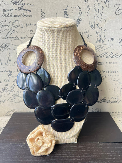 Black Tagua necklace with coconut shell accents Statement necklacewith Mukti layer necklace Adjustable cord Big bold chunky necklace