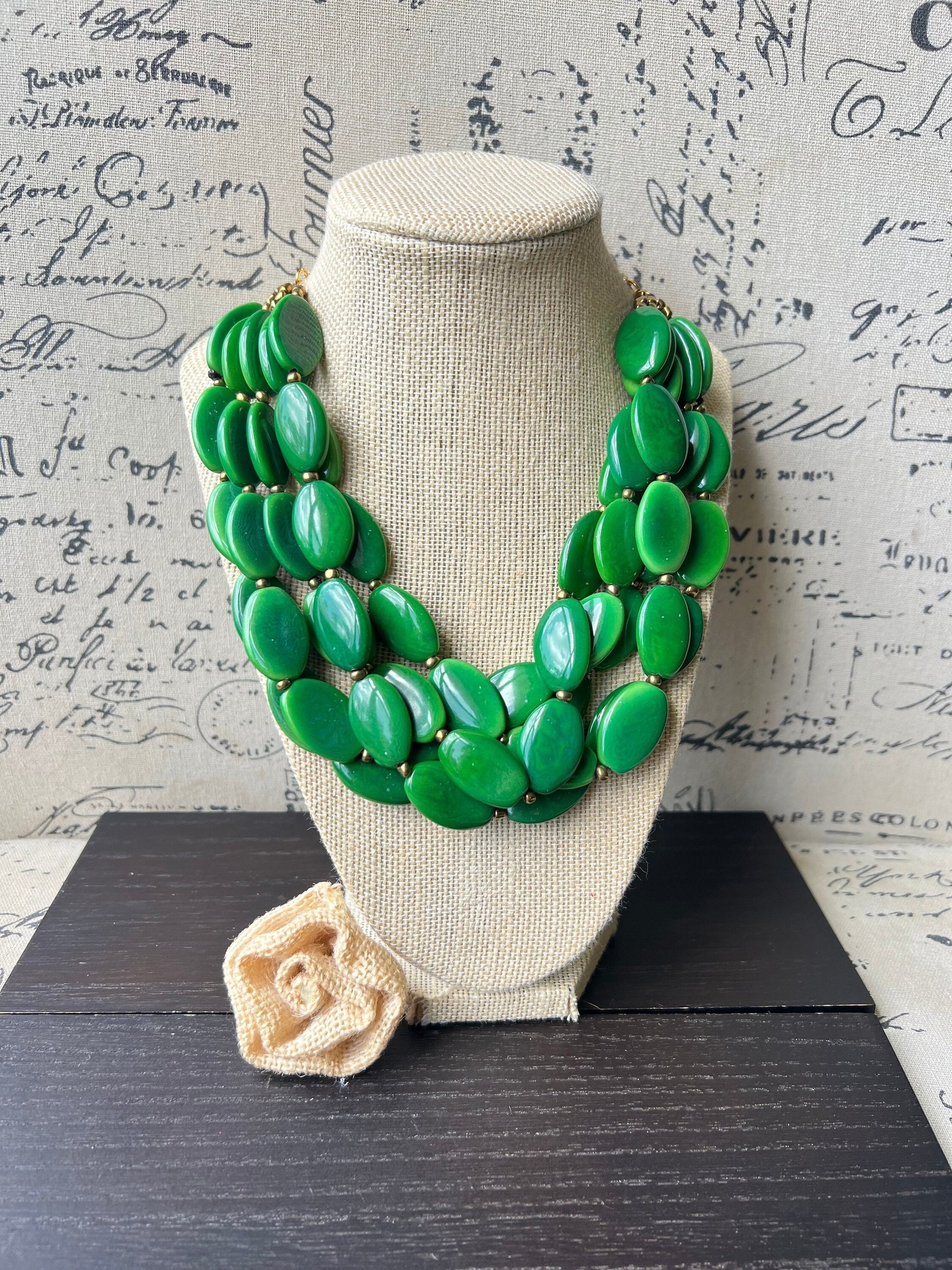 Green fashion necklace Statement beaded necklace for women Tagua nut necklace Wearable art Fall fashion trends Multi strand bib necklace