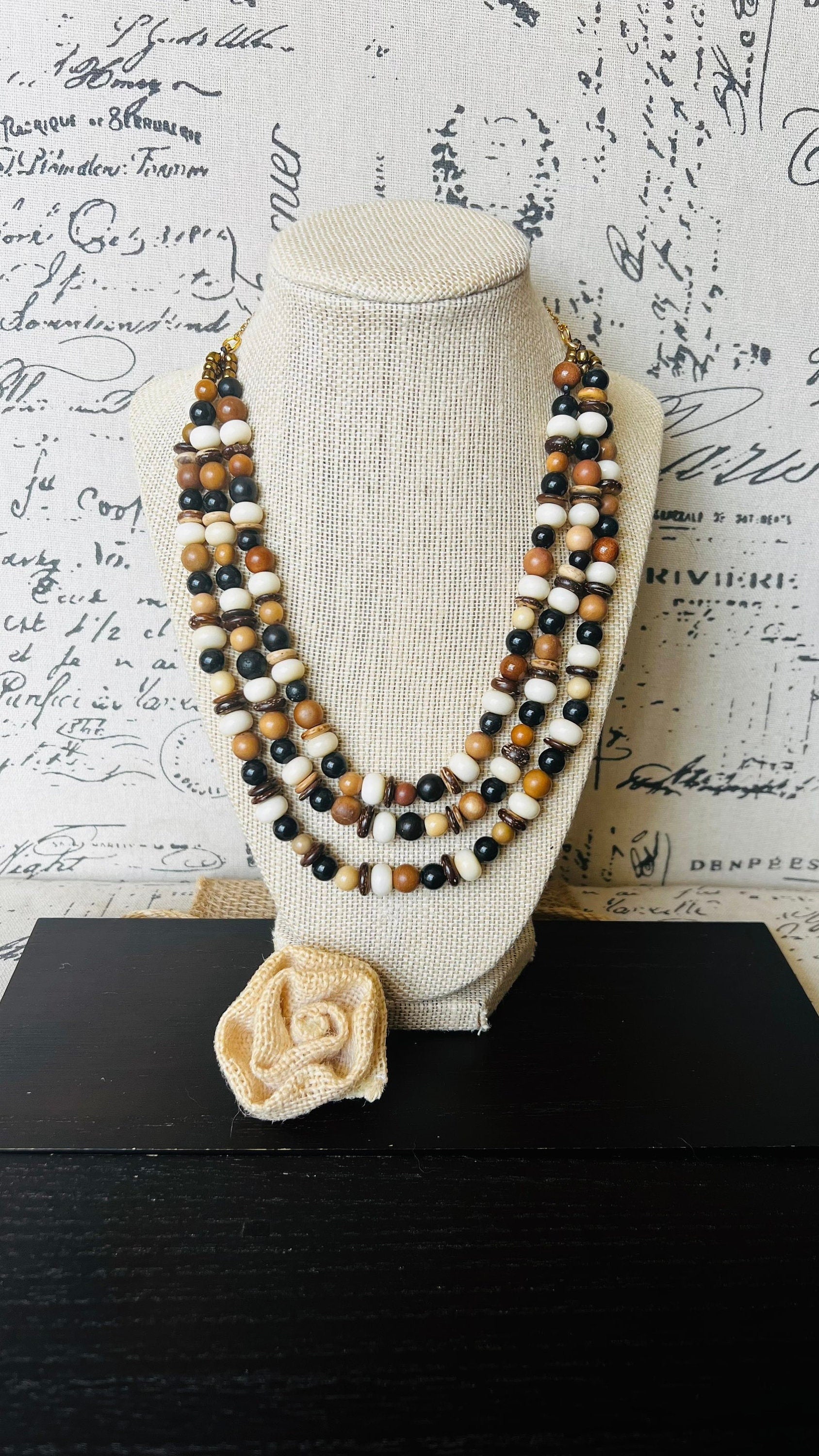 Brown white and black fashion multi strand necklace Mothers day gift Lightweight with gold chain Adjustable chain Tagua necklace Art to wear