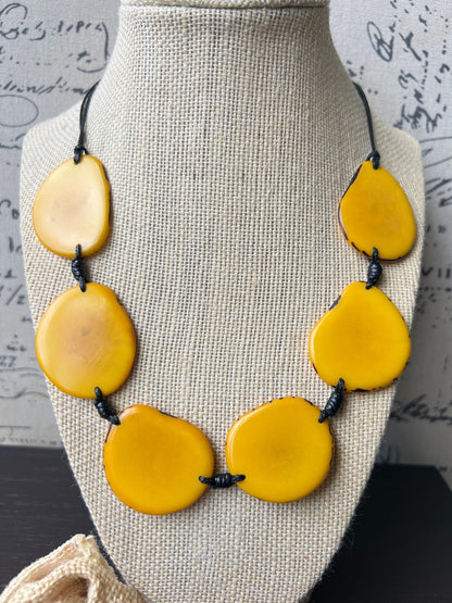 Yellow single strand necklace Simple Tagua necklace Fall fashion trend Beaded handmade with adjustable straps Unusual lightweight collar