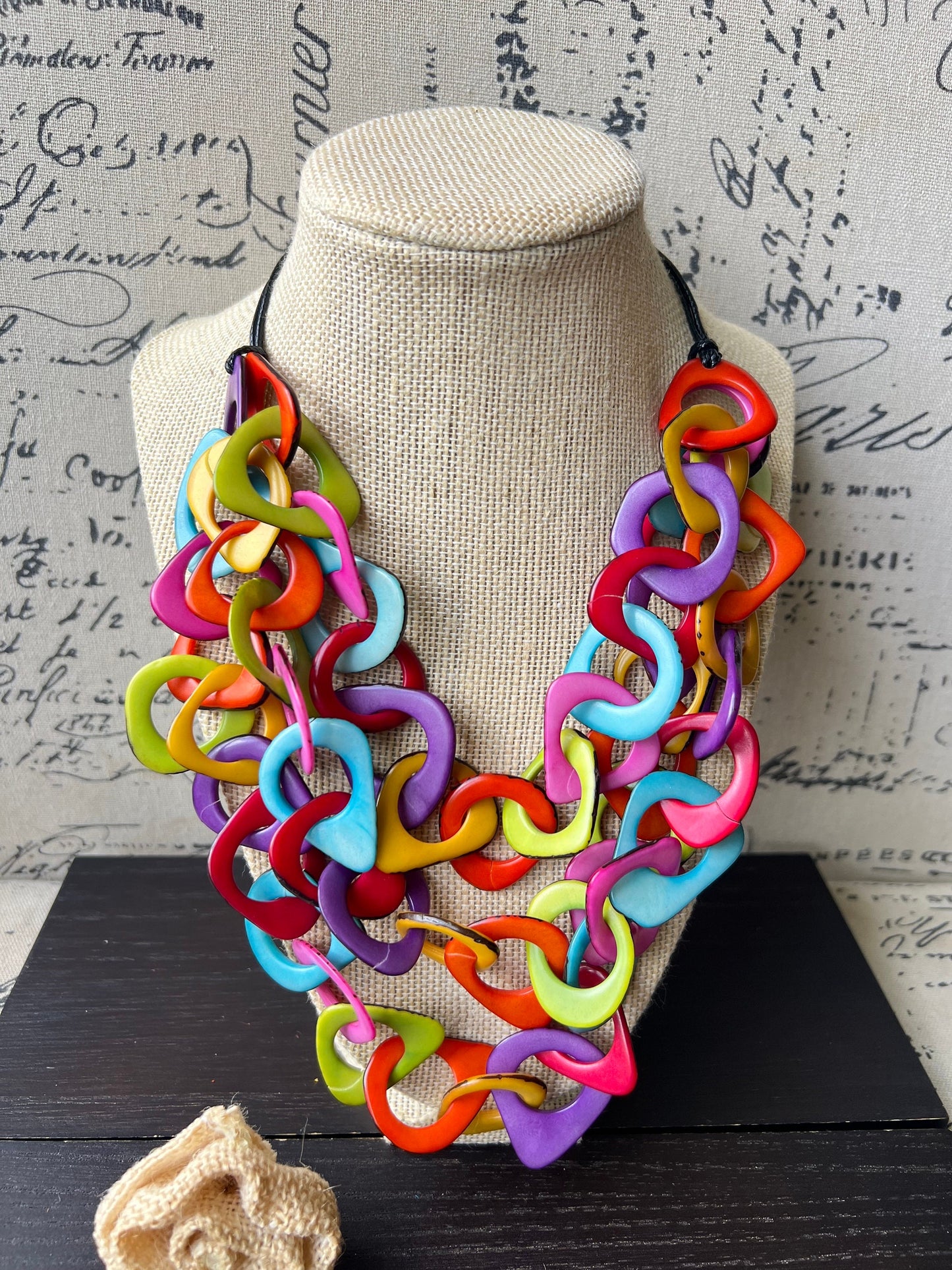 Rainbow statement necklace Tagua jewelry Adjustable cord Big bold necklaces Statement necklaces for women Wearable art Fall fashion