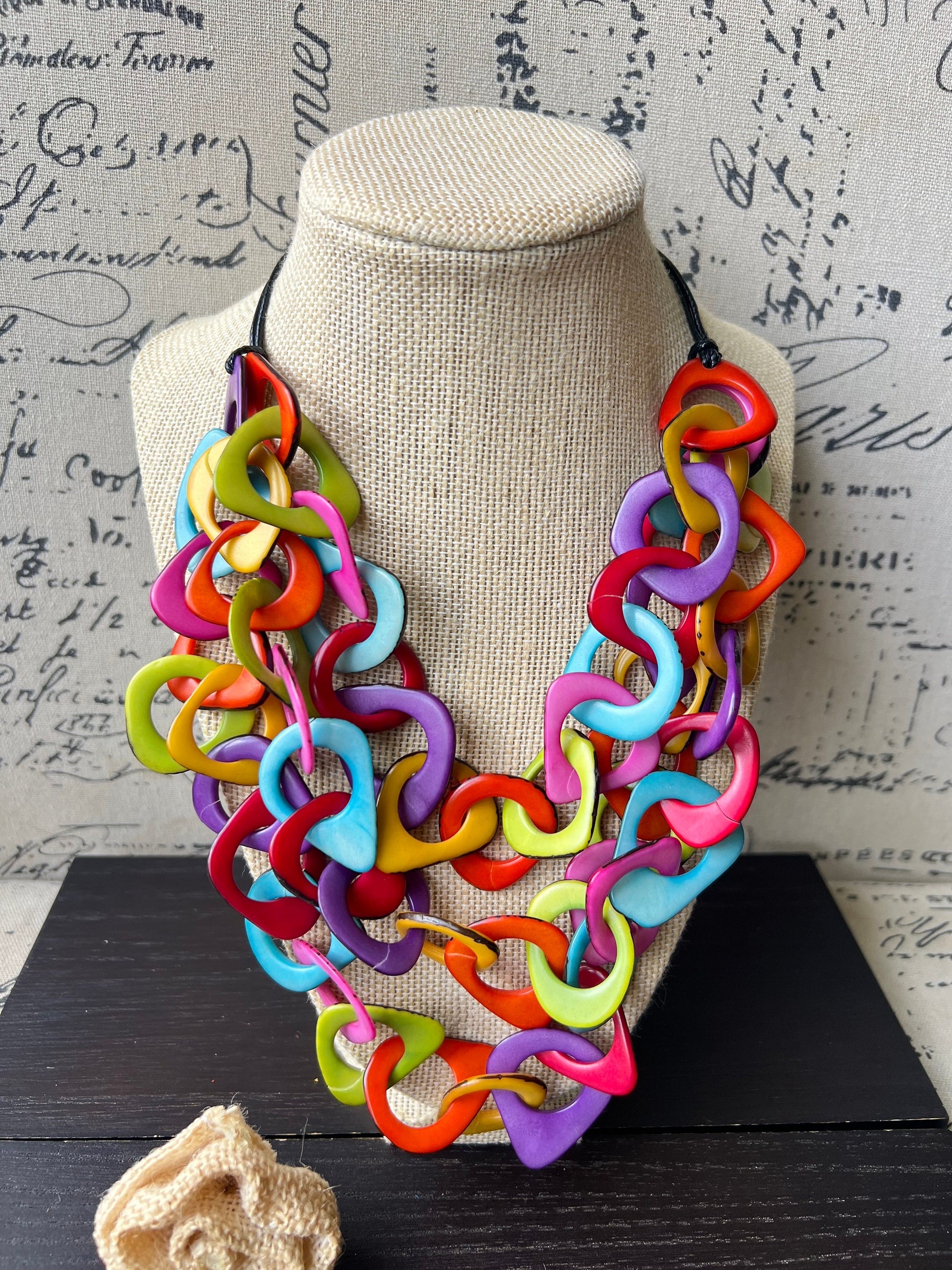 Rainbow statement necklace Tagua jewelry Adjustable cord Big bold necklaces Statement necklaces for women Wearable art Fall fashion