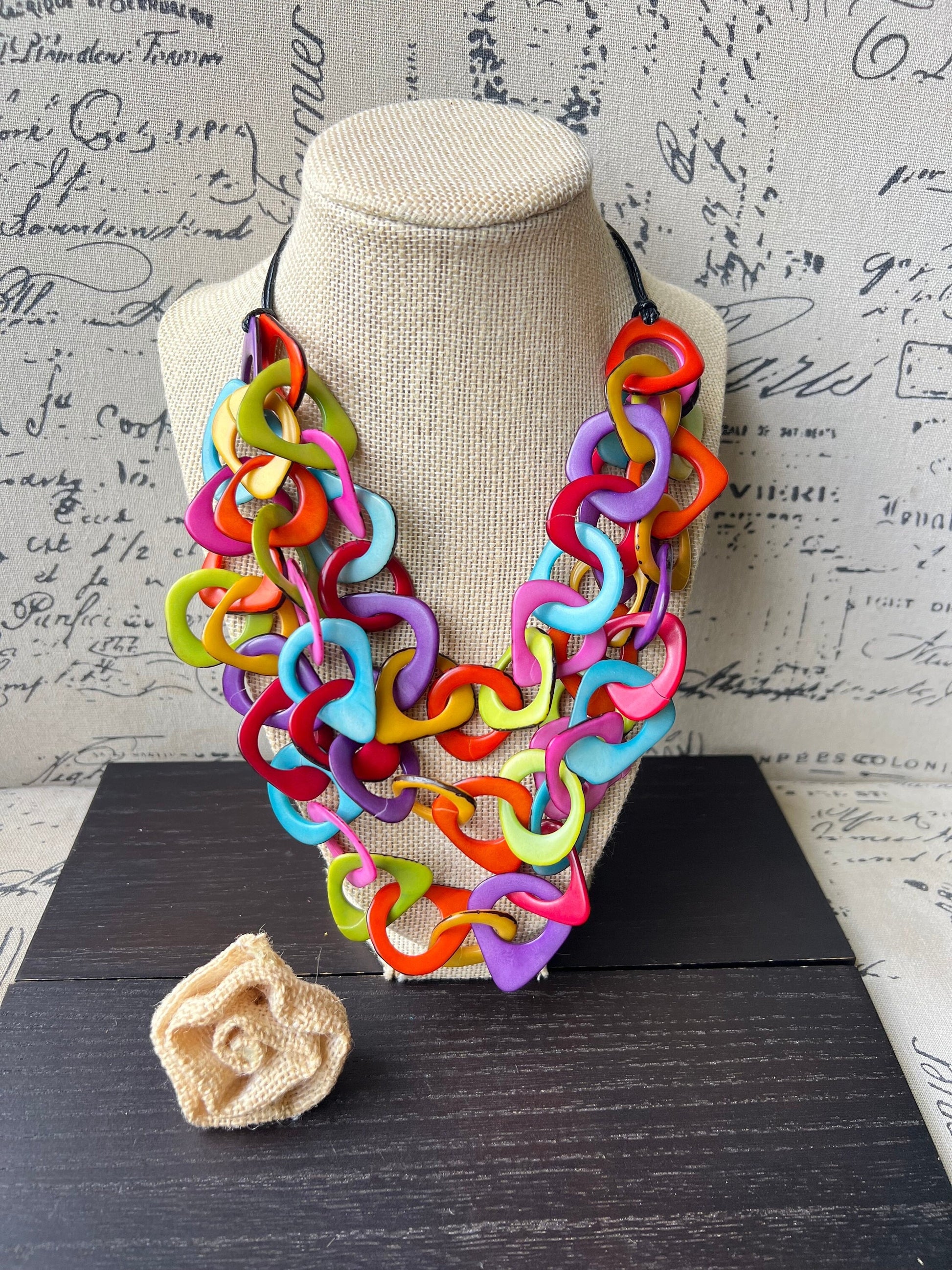 Rainbow statement necklace Tagua jewelry Adjustable cord Big bold necklaces Statement necklaces for women Wearable art Fall fashion