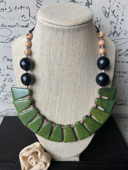 Olive green necklace Adjustable cord Tagua nut jewelry Big bold chunky necklace Art to wear Handmade beaded necklace Statement bead necklace